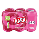 Six-pack of Barr cherryade cans, priced at £2.50, packaged in pink with a label indicating the film is made from recycled plastic.